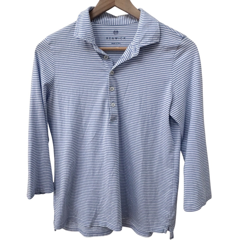 Renwick Polo Shirt Small Blue White‎ Striped 3/4 Sleeve Pima Cotton Golf
